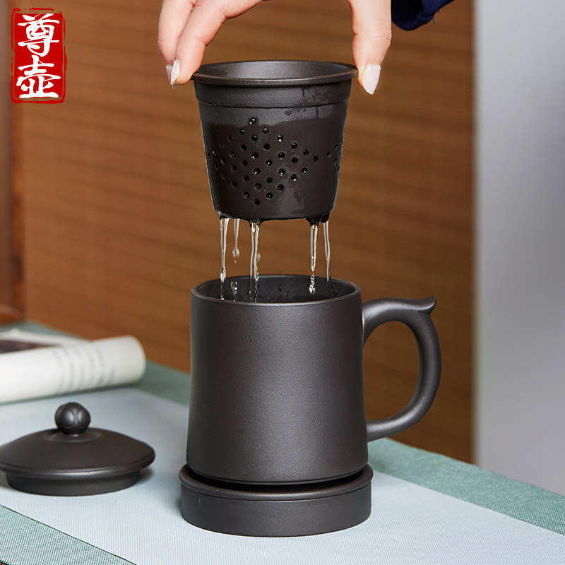 尊壶宜兴紫砂杯原矿黑泥泡茶杯茶水分离内胆过滤隔舱水杯陶瓷茶具