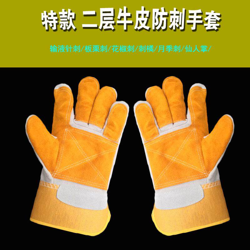 防刺手套双层牛皮割狗猫加厚防咬咬防狗咬防鼠野外针针刺防扎榴莲