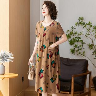 2024年新款棉绸睡裙女夏时尚宽松遮肚大码有口袋人造棉连衣裙外穿