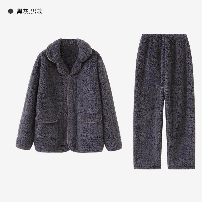 特价清仓纯色珊瑚绒睡衣男秋冬季加厚保暖开衫女士休闲家居服套装