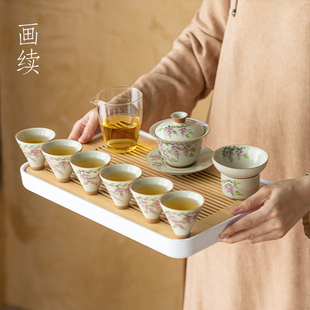 画续草木灰手绘紫藤花盖碗功夫茶具套装家用客厅喝茶杯带茶盘整套