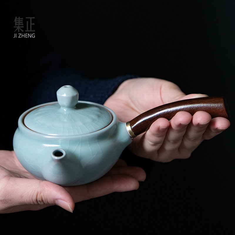 集正 满釉烧汝窑木把侧把壶可养开片托烧汝瓷功夫泡茶壶百孔过滤