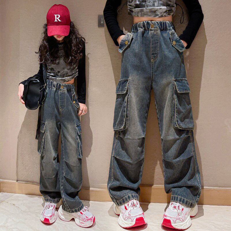 女童工装裤春秋女大童阔腿裤春季牛仔裤春款休闲宽松儿童洋气裤子