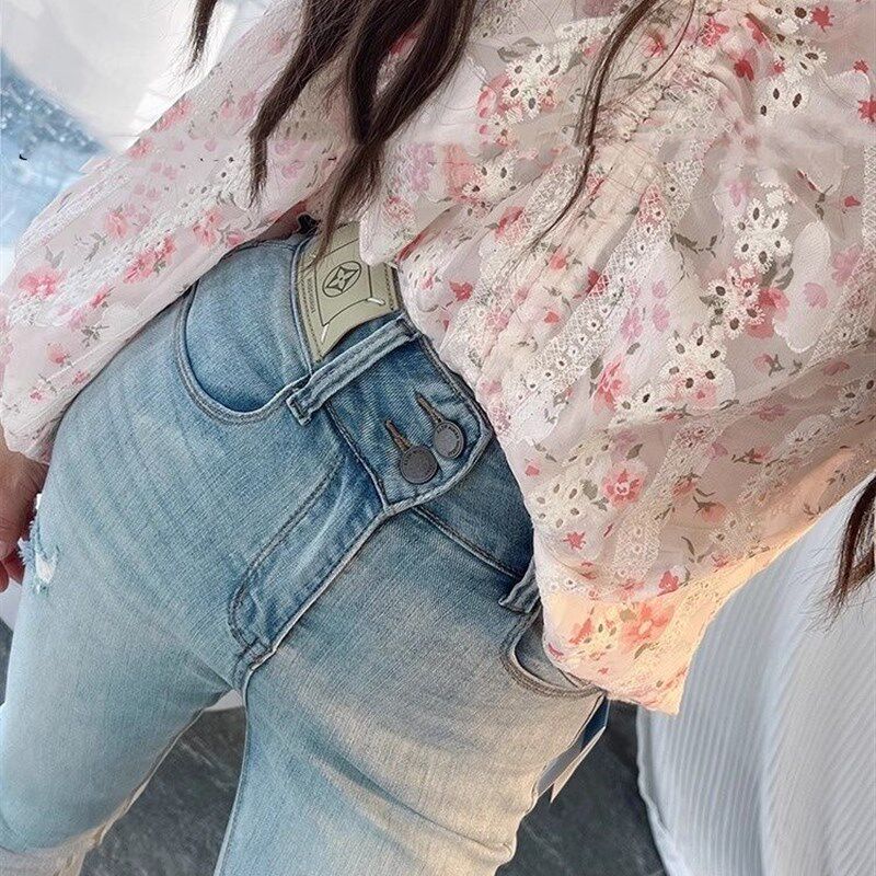 王炸小脚裤!小码夏季薄款高腰排扣破洞小个子九分牛仔裤女洋气潮