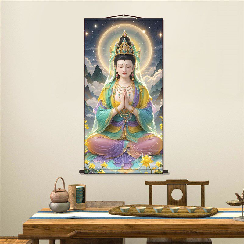 彩衣观音菩萨画像卷轴挂画新中式装饰画丝绸布墙壁画国画挂轴书房