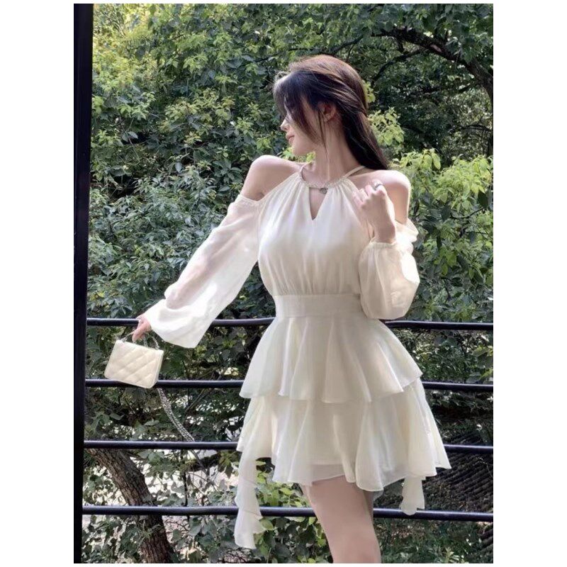 胖妹妹法式长袖连衣裙仙女大码春夏仙气收腰雪纺短裙荷叶边蛋糕裙