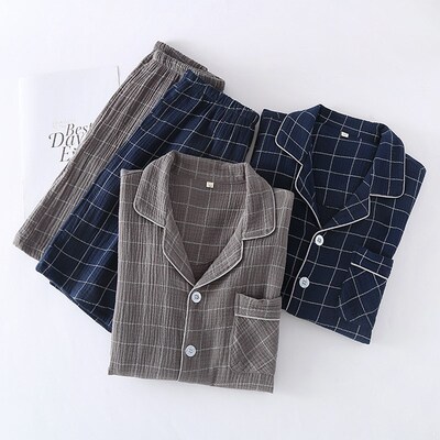 夏季纯棉纱布睡衣男士薄款短袖短裤套装全棉大码双层婴儿棉家居服