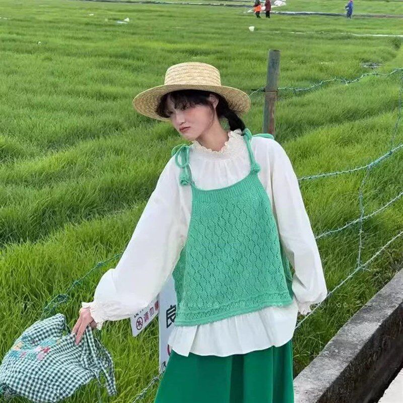 早春叠穿单品绑带针织吊带小背心女外穿短款上衣