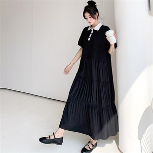 胖mm大码学院风短袖连衣裙女2025夏季新款宽松显瘦polo领过膝长裙