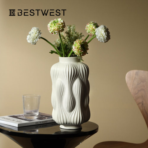 Bestwest新中式白色哑光陶瓷花瓶高档家居玄关客厅桌面花器摆件