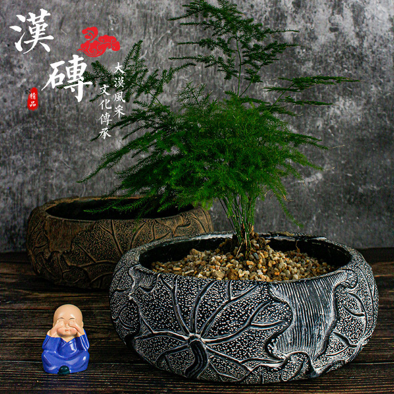 怀旧纯手工水泥花盆复古陶瓷花器茶席摆件水盂水培土培多肉铜钱草