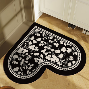 法式 复古入户门地垫进门门口脚踏垫中古花卉心形皮革地垫免洗可擦