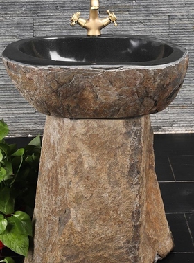 石头洗手盆鹅卵石立柱洗脸盆室内复古台上单盆庭院墩布池洗手池