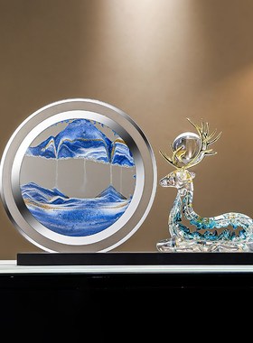 客厅招财鹿流沙画摆件高级感酒柜办公室桌面创意解压沙漏家居装饰