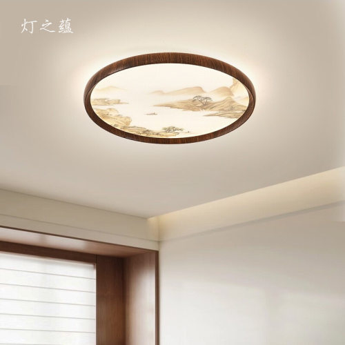 中古风木纹圆形山水画吸顶灯