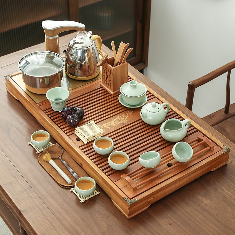 家用办公柯木实木茶盘全自动电磁炉自动抽水一体茶具套装组四合一