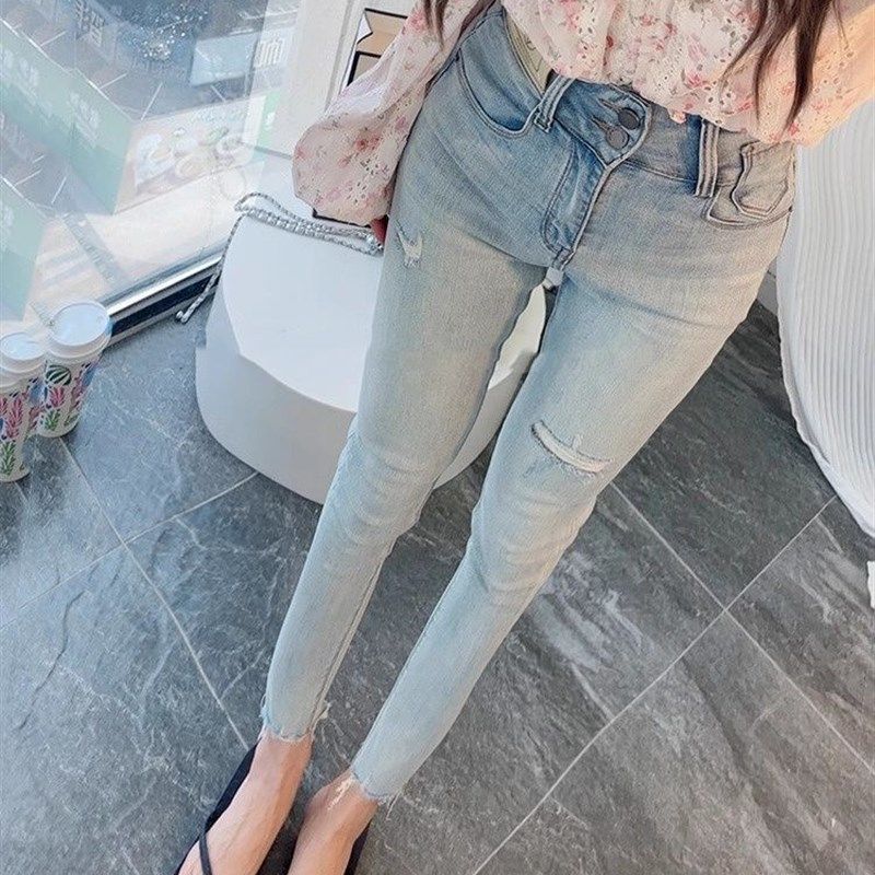 王炸小脚裤!小码夏季薄款高腰排扣破洞小个子九分牛仔裤女洋气潮