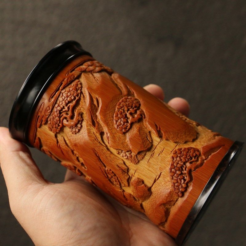 百年老竹纯手工精工浮雕工艺茶叶罐茶仓茶道文玩竹雕把件把玩收藏