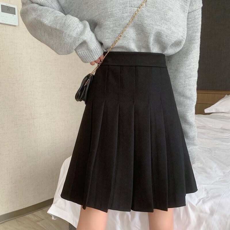 大码黑色毛呢百褶裙中长款女2021秋冬胖mm高腰半身裙显瘦a字裤裙