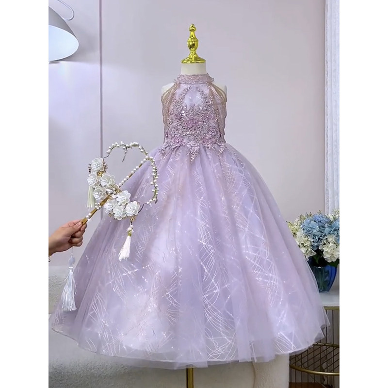 紫色挂脖儿童礼服高端洋气女童生日宴主持人小女孩演出蓬蓬公主裙