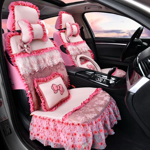 冬季汽车坐垫四季通用全包围套冰丝蕾丝卡通可爱座垫布艺女座椅套