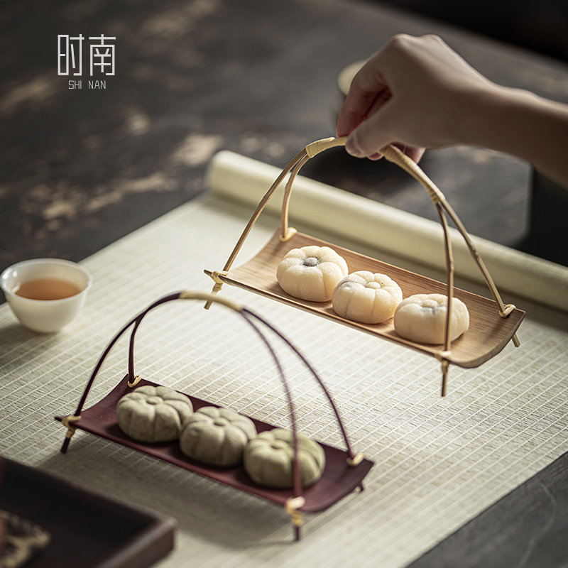 竹制两用茶点盘茶巾托竹编小提篮零食糕点托盘中式复古风茶具配件