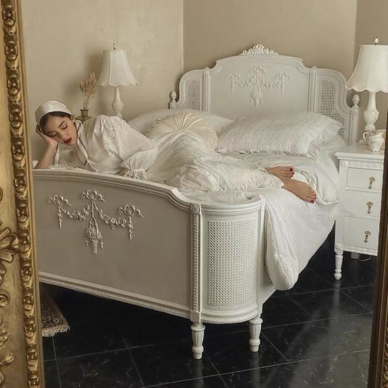 法式复古奶油白色雕花实木床双人床1.8m欧式宫廷公主床实木藤编床