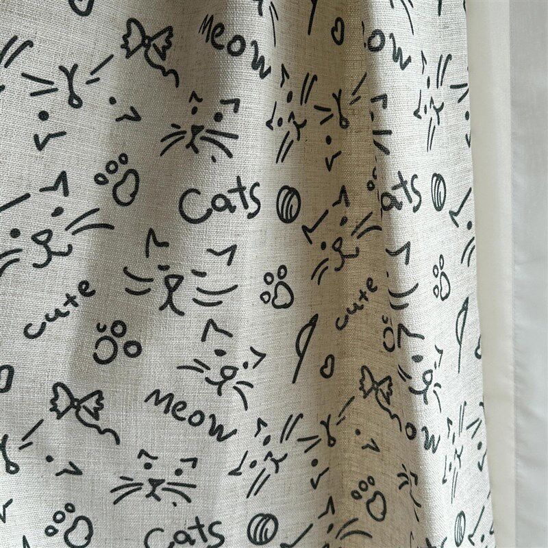 法式极简设计师精选麻布小花猫简笔画抱枕面料儿童房主卧窗帘布艺
