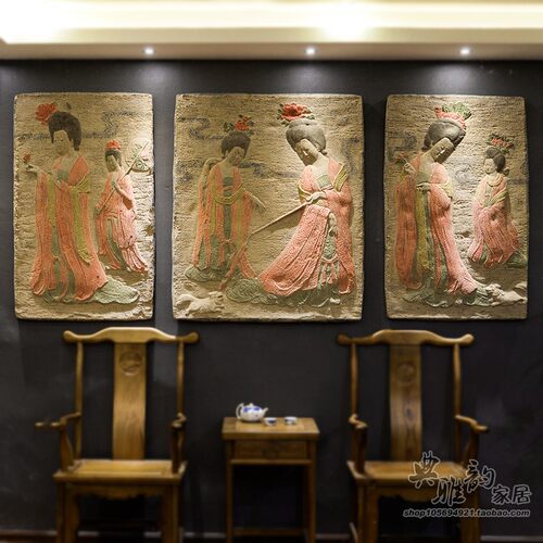 创意中式复古酒吧墙饰树脂立体浮雕无框画挂饰画挂件簪花仕女壁饰