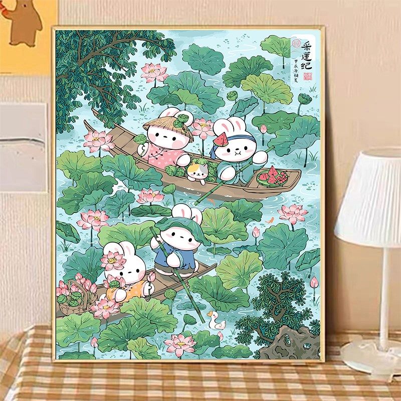【兔漂朵拉】八代背板画布 可爱小兔兔DIY数字油画丙烯手工装饰画