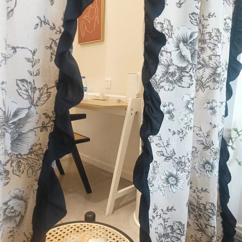 法式复古半遮光棉麻印花窗帘赫本风黑色荷叶边半帘宿舍隔断遮挡帘
