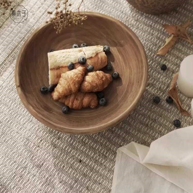 实木水果盘中式复古客厅侘寂风摆件装饰品矮脚零食原木干果点心盘