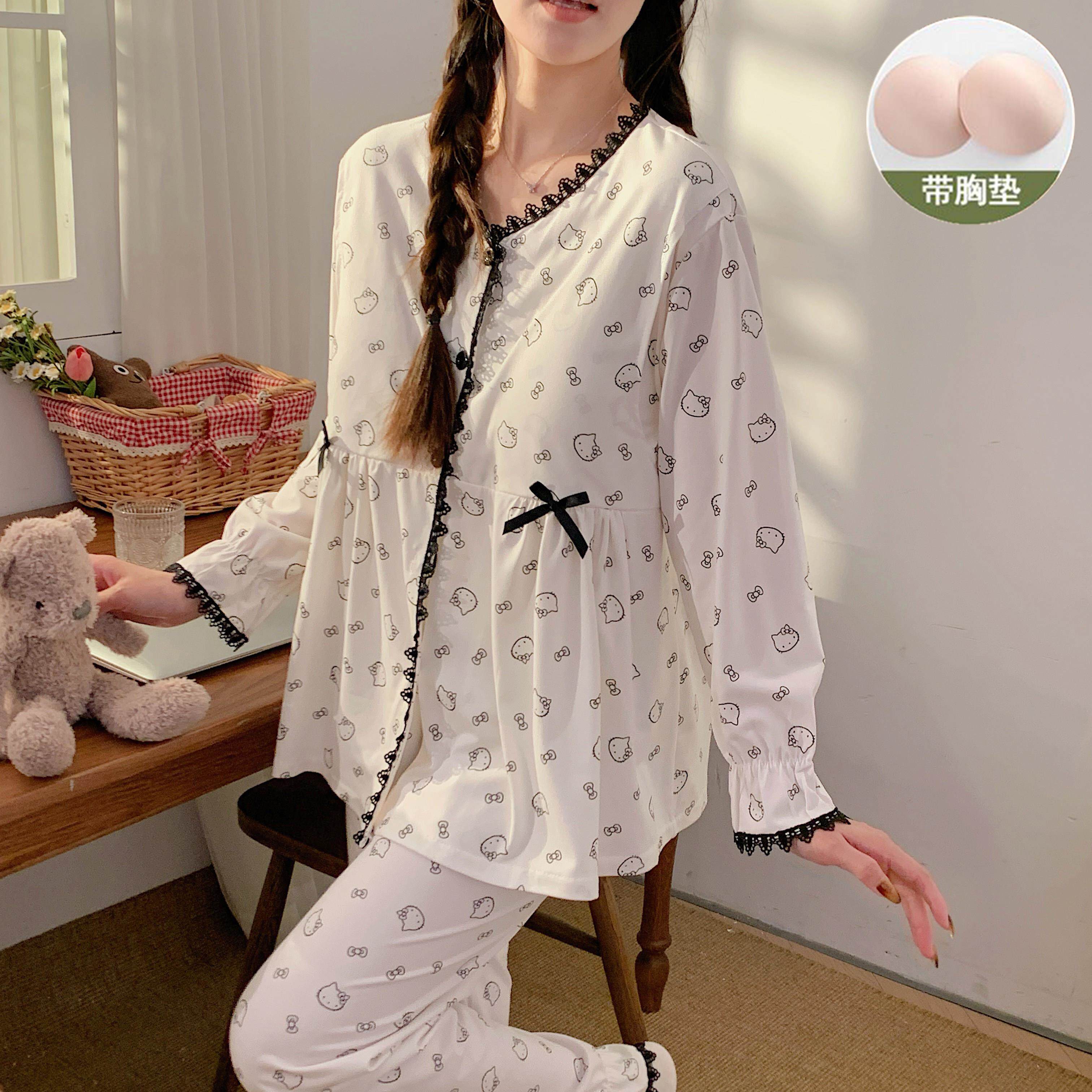 带胸垫月子服孕妇睡衣产后春夏薄款哺乳产妇大码200斤家居服套装