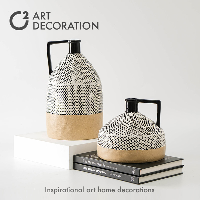 法式中古黑白点釉细口花瓶花器插花瓶玄关电视柜壁炉软装饰品摆件