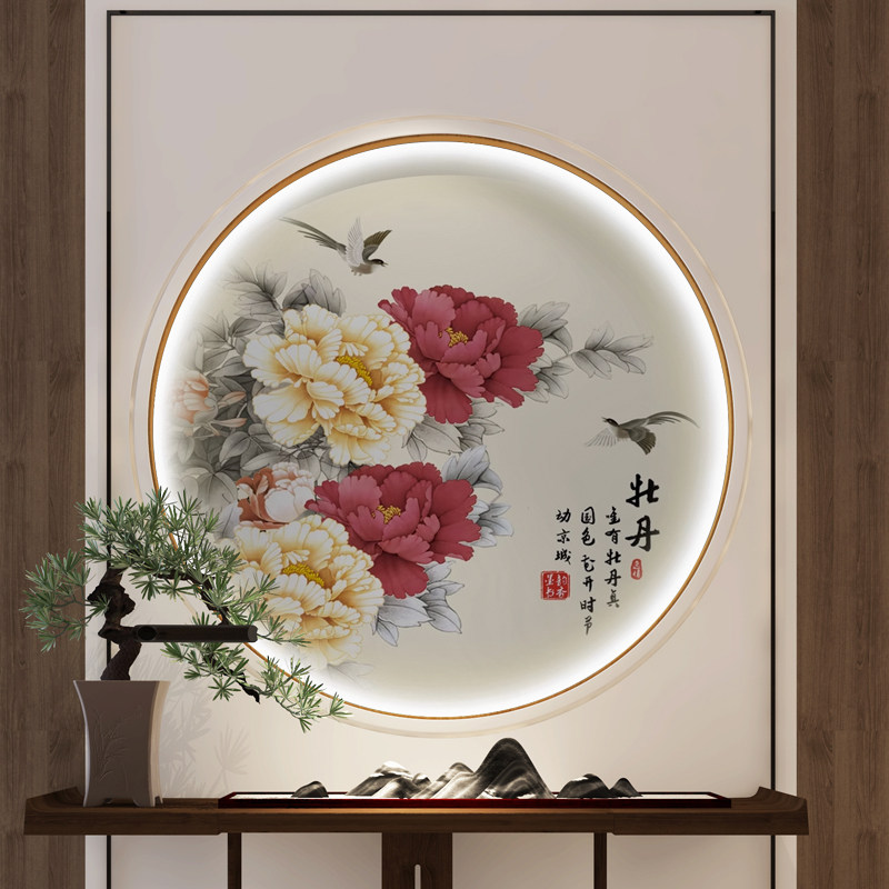 圆形牡丹装饰画壁纸画芯墙布壁纸壁画中式客厅走廊玄关沙发背景墙