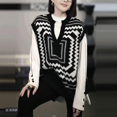 溶溶几何幻墨RONGRONG V领撞色艺术提花舒适百搭马夹毛衣