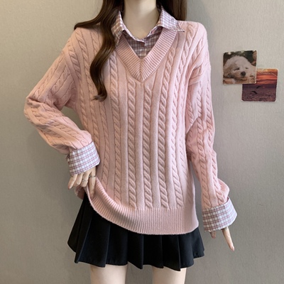 实拍~大码韩系粉色假两件毛衣秋冬polo领衬衫拼接内搭针织衫上衣