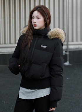 SRIKERLAB冬季短款皮草连帽羽绒服收腰显瘦高级感大毛领棉衣女ins