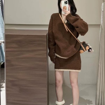 美拉德穿搭韩系复古高级感V领毛衣半身裙两件套装女秋冬季小个子