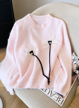 Flowing Era/高级感超好看毛衣套头圆领宽松花朵钩花刺绣针织上衣