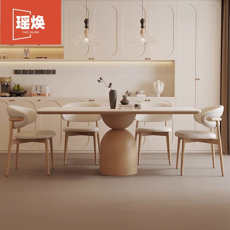 新款北欧原木色实木岩板餐桌椅组合简约餐桌家用小户型客厅吃饭桌