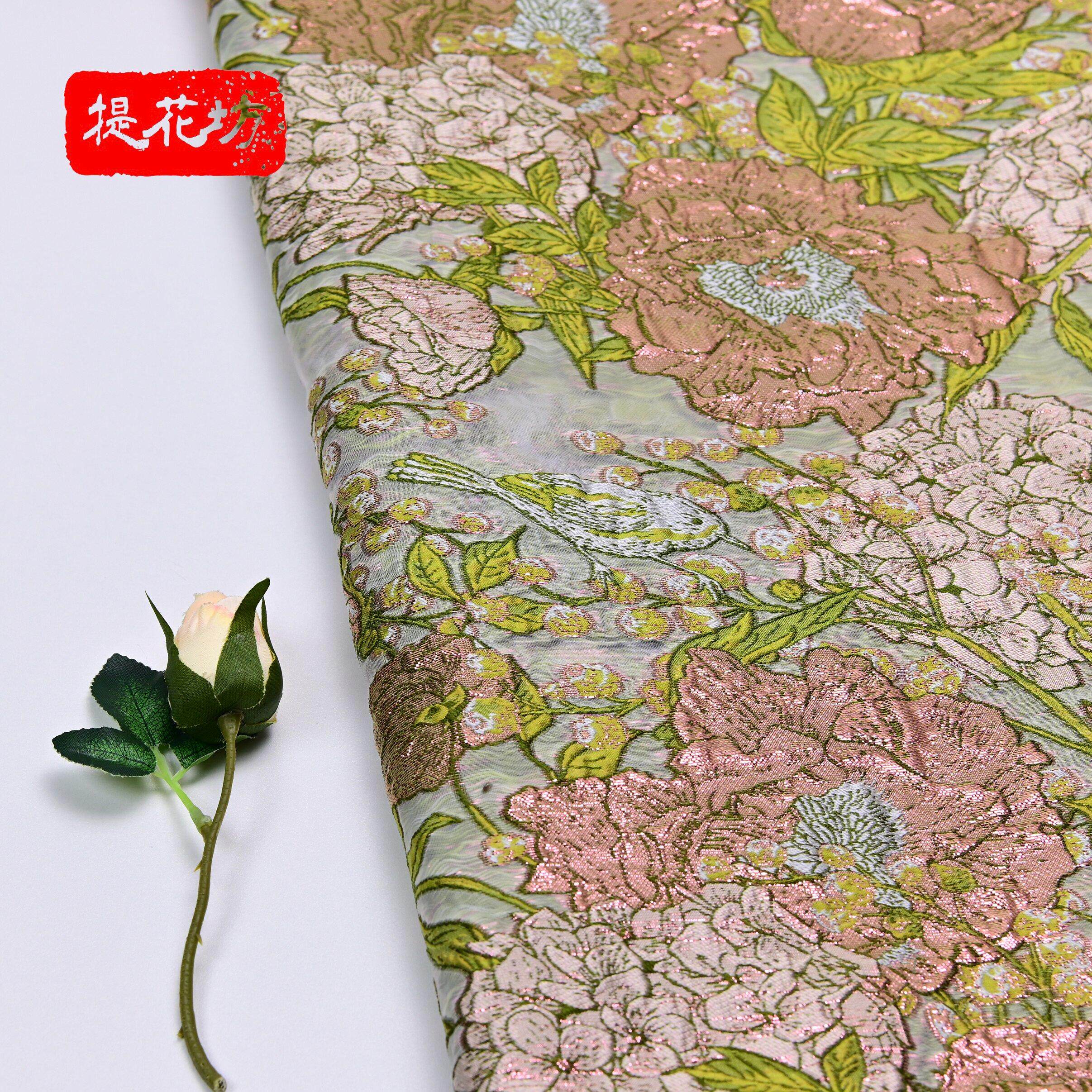 中国风宫廷复古金丝花鸟提花欧根纱料金丝汉服华丽洋装礼服面料