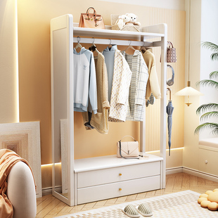 落地全实木挂衣架家用卧室带镜子储物简约衣帽架全身镜多功能一体