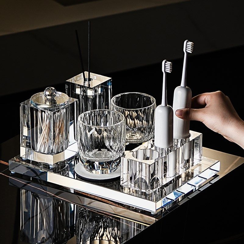 高奢透明K9水晶电动牙刷置物架别墅主卫洗漱台面漱口杯牙具收纳盘