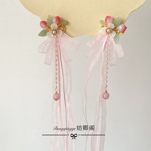 甜美可爱古风女童蜜桃飘带对夹发饰古风旗袍汉服儿童长丝带发夹