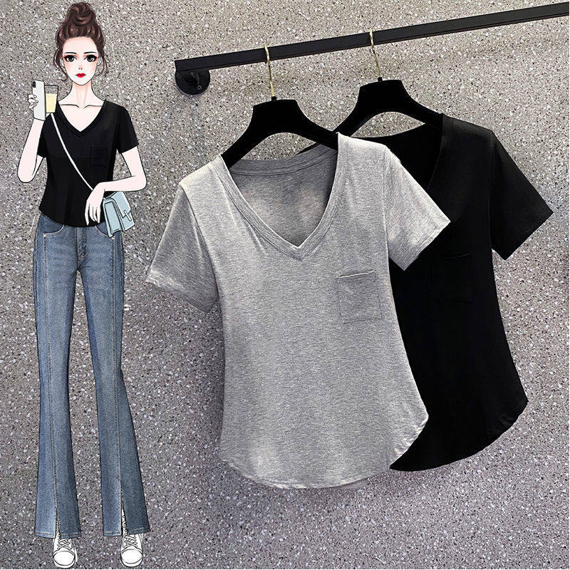 大码女装2024夏季新款显瘦遮肚子百搭上衣微胖妹妹V领锁骨短袖T恤,女装/女士精品,T恤,淘宝优惠券,粉丝福利购,淘宝优惠卷