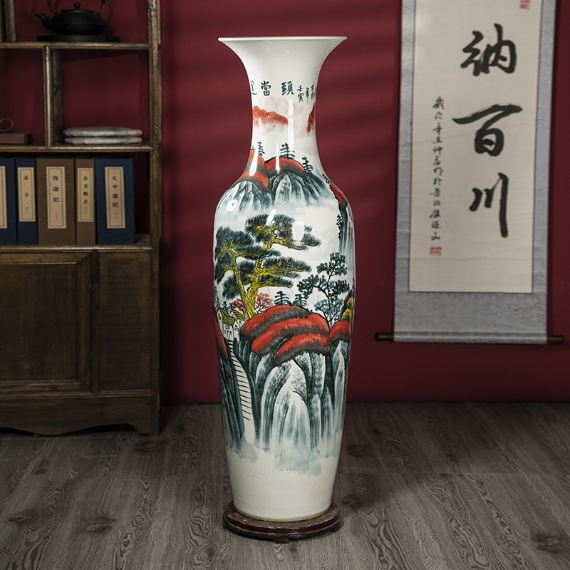 景德镇陶瓷鸿运当头手绘落地大花瓶客厅酒店装饰摆件乔迁开业送礼
