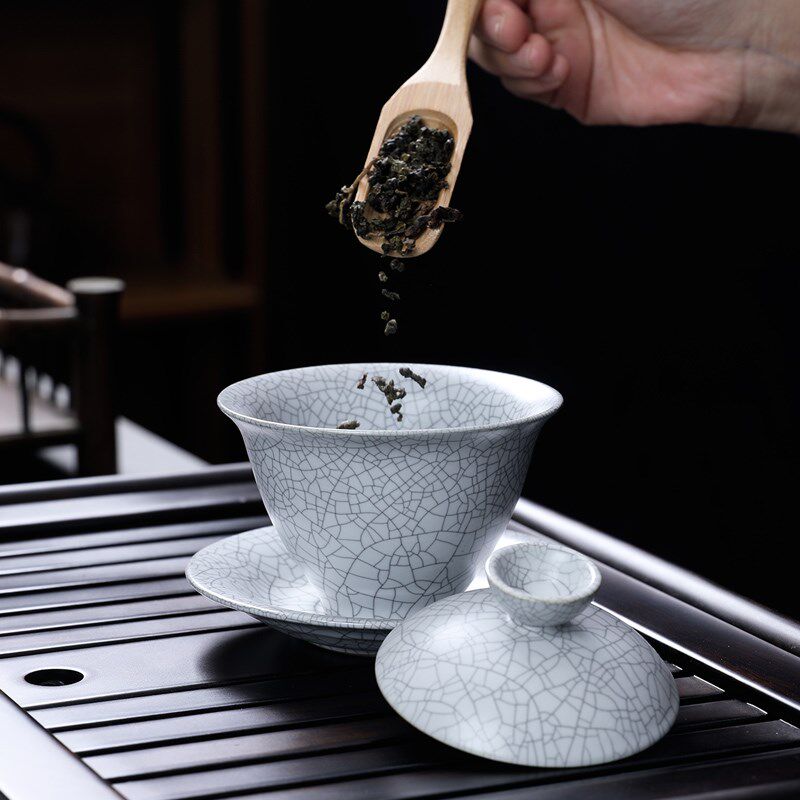 月白汝窑功夫茶具可养金丝家用办公盖碗茶杯侧把防烫泡茶壶一套装
