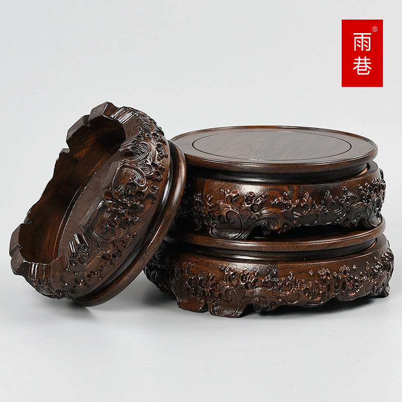 黑檀木圆形旋转奇石工艺品古董茶壶花瓶摆件盆景雕刻水浪底座实木