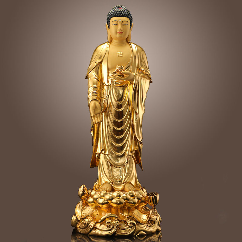 居家供奉纯铜贴金佛像 西方三圣佛像阿弥陀佛观音菩萨客厅摆件 高